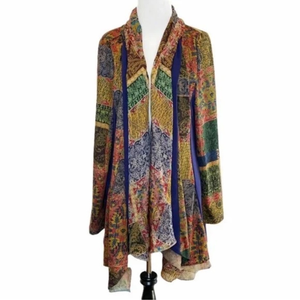 Soft Surroundings Izmir Topper Scarf Gold Blue Mixed Print Cardigan Boho